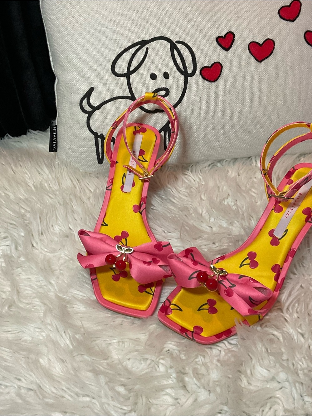 Gianni Bini Pink and Yellow Cherry Bow Ankle-Strap Heels